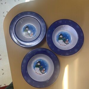 Festive Snowman Blue and White Cereal Bowls.  Made of Melamine.